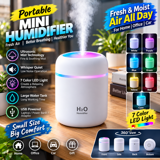 Portable Mini Humidifier – Cool Mist with 7-Color LED Light